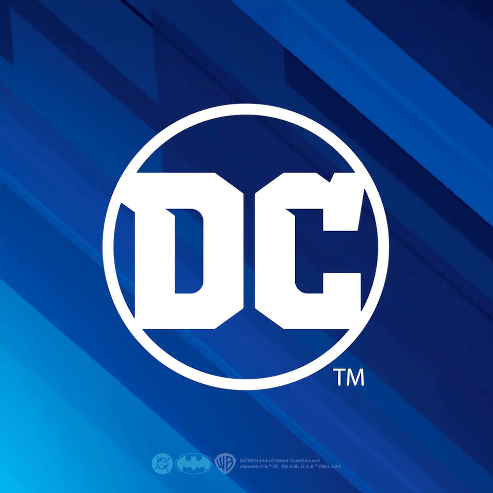 DC logo on a blue background with a slight gradient. DC logo, Batman logo Warner Bros logo. BATMAN and all related characters and elements © & ™ DC. WB SHIELD: 0 & ** WBEI. (525)