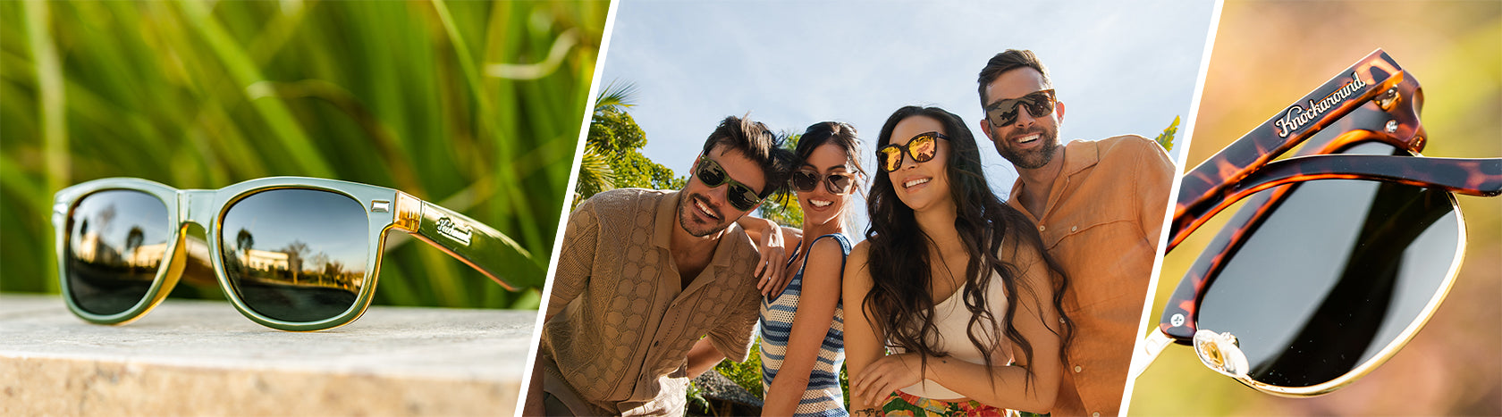 Coyote Calls Fort Knocks, models wearing a selection of Knockaround sunglasses, Matte Tortoise Shell Brooklines detail photo