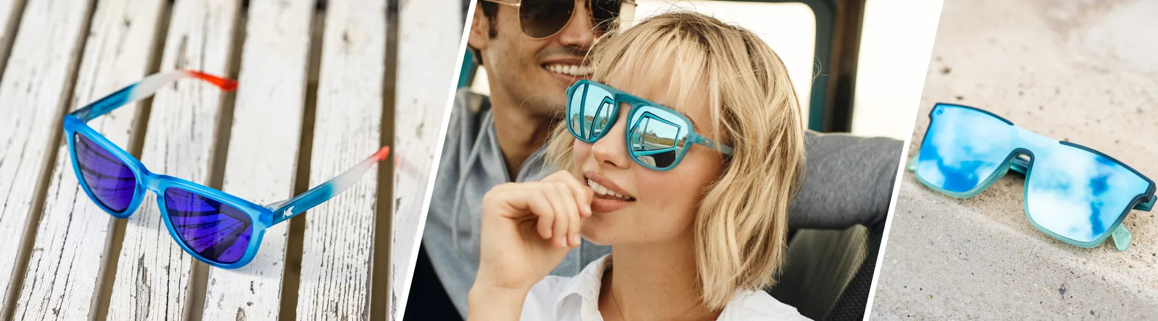 Baby Blue Sunglasses, Lifestyle photo of Rocket Pop Premiums and Seoul Afters Sunglasses, Women wearing Soul Surfer Pacific Palisades Sunglasses