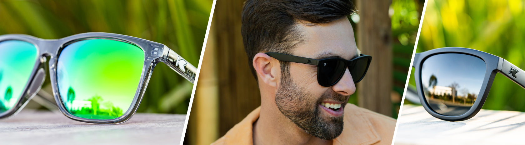 Best Sunglasses For Driving. Clear Grey / Green Moonshine Fast Lanes Sport and Black on Black Premiums Sunglasses, Men wearing Knockaround Sunglasses