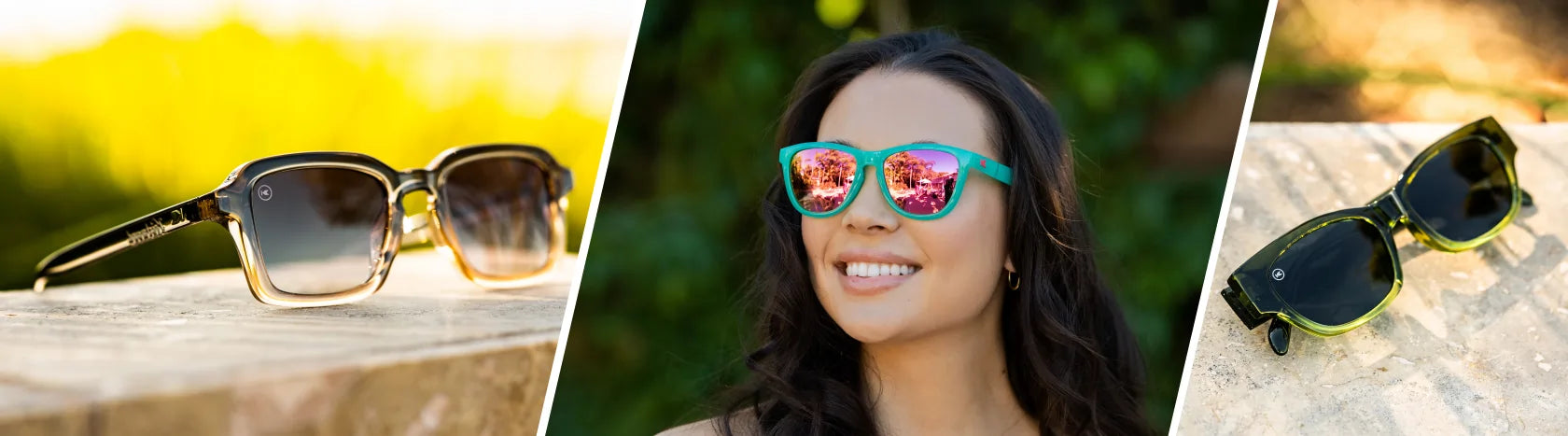 Best Sunglasses for Round Faces. Lifestyle phot of Cortado Panoramas and Nori Junipers Sunglasses, Women wearing Aquamarine / Fuchsia Premiums Sport Sunglasses