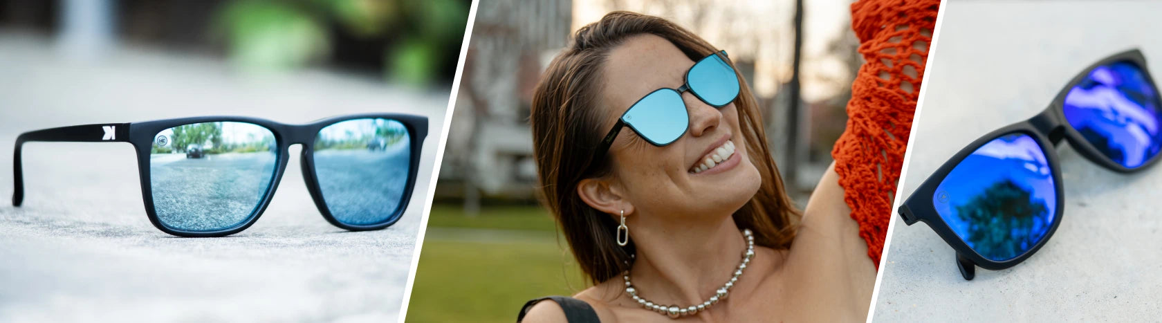 Black Mirrored Sunglasses. Lifestyle photo of Matte Black / Sky Blue Fast Lanes and Black / Moonshine Classics, Women wearing Night Swim Cloud Catchers Sunglasses