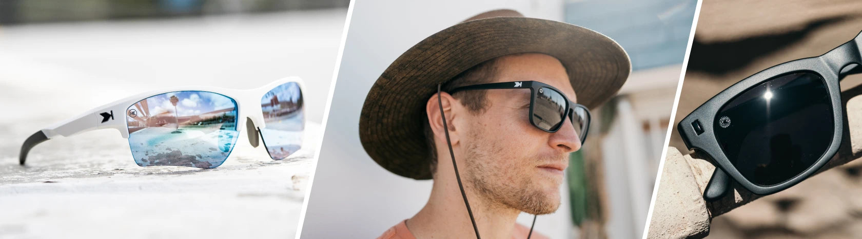 Black and White Sunglasses. Lifestyle photo of Clean Sweep Flight Paths and Black on Black Seventy Nines Sunglasses, Men wearing Black / Smoke Fast Lanes Sunglasses