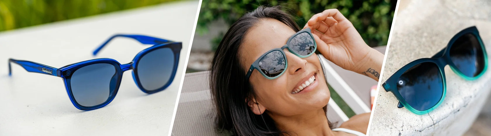 Blue Cat Eye Sunglasses. Lifestyle photo of Eclipse Cloud Catchers and RIsing Tide Deja Views Sunglasses, Women wearing Rising Tide Paso Robles Sunglasses