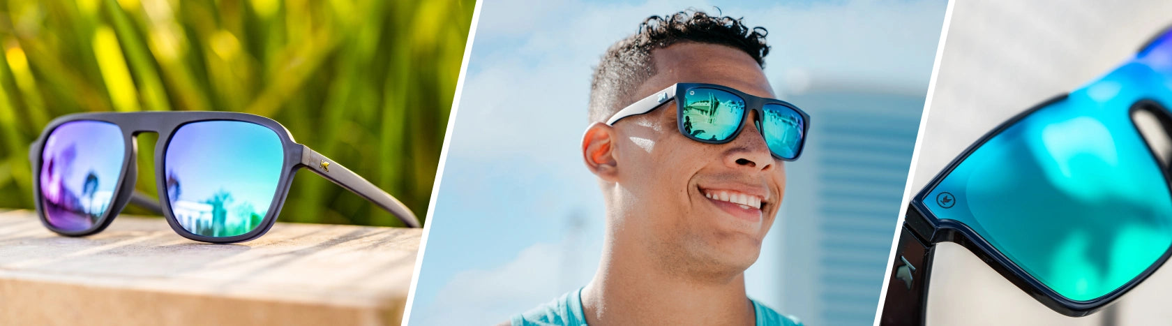 Blue Lens Sunglasses. Lifestyle photo of Rubberized Navy Rider Pacific Palisades and Ibiza Afters Sunglasses, Men wearing Rubberized Navy / Mint torrey Pines Sport Sunglasses