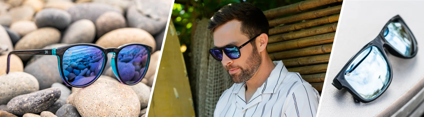 Blue Tinted Sunglasses. Lifestyle photo of 1 a.m. Snack Mai Tais and Jelly Black / Sky Blue Torrey Pines Sunglasses, Men wearing Rubberized Navy Rider Pacific Palisades Sunglasses