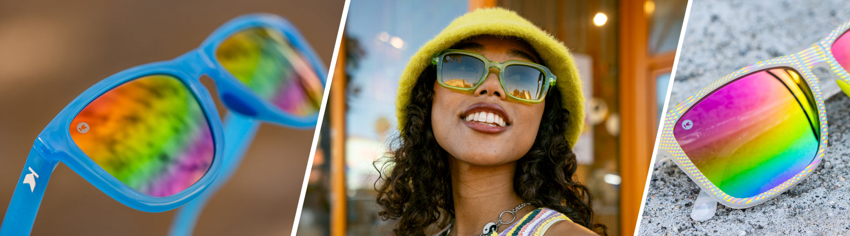 Bold & Bright Sunglasses. Lifestyle photo of Rainbow Blues Premiums Sport and Show Opener Fast Lanes Sport Sunglasses, Women wearing Pucker Up Panoramas Sunglasses