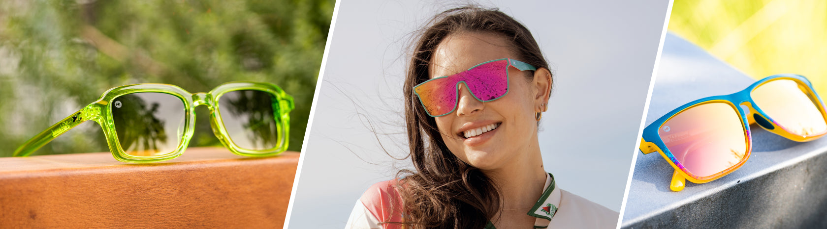 Bright Sunglasses. Lifestyle photo of Pucker Up Panoramas and Desert Fast Lanes Sport Sunglasses, Women wearing Miami Afters Sunglasses