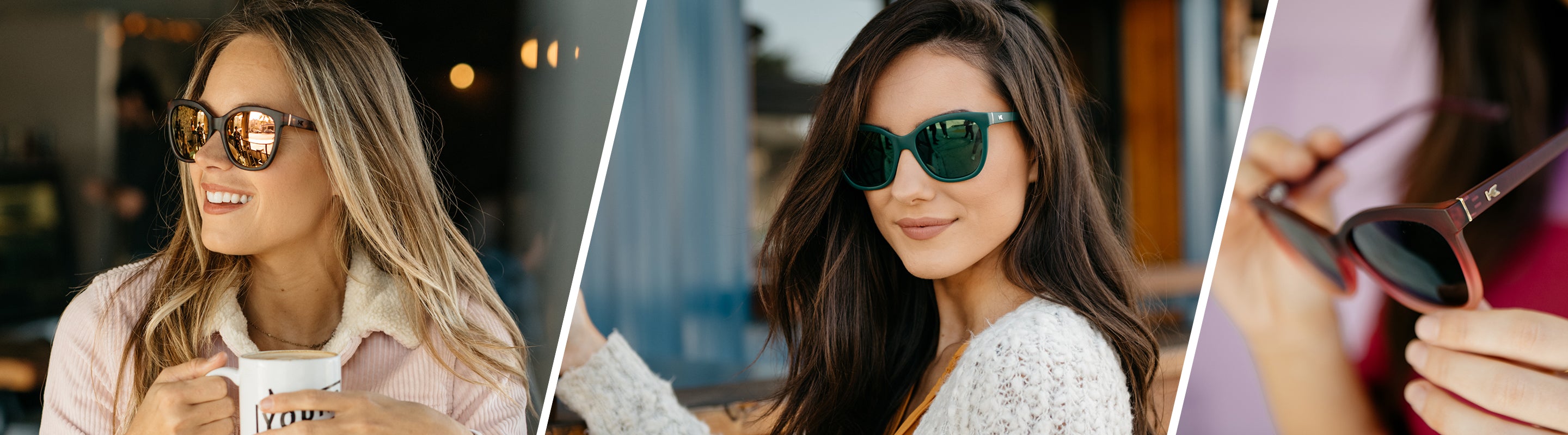 Two women wearing cat eye Knockaround sunglasses
