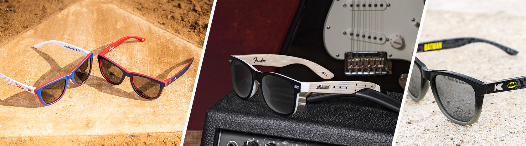 Lifestyle photo of Atlanta Braves PREMIUMS SPORT Rx, Chicago Cubs PREMIUMS SPORT Rx, Black Stratocaster™ FORT KNOCKS Rx, and FORT KNOCKS Rx Batman Sunglasses