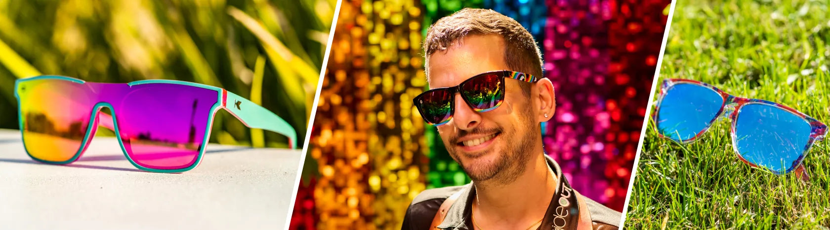 Colorful Sunglasses. Lifestyle photo of Miami Afters and Live Free or Tie-Dye Fast Lanes Sunglasses, Men wearing Rainbow on My Parade Premiums Sunglasses