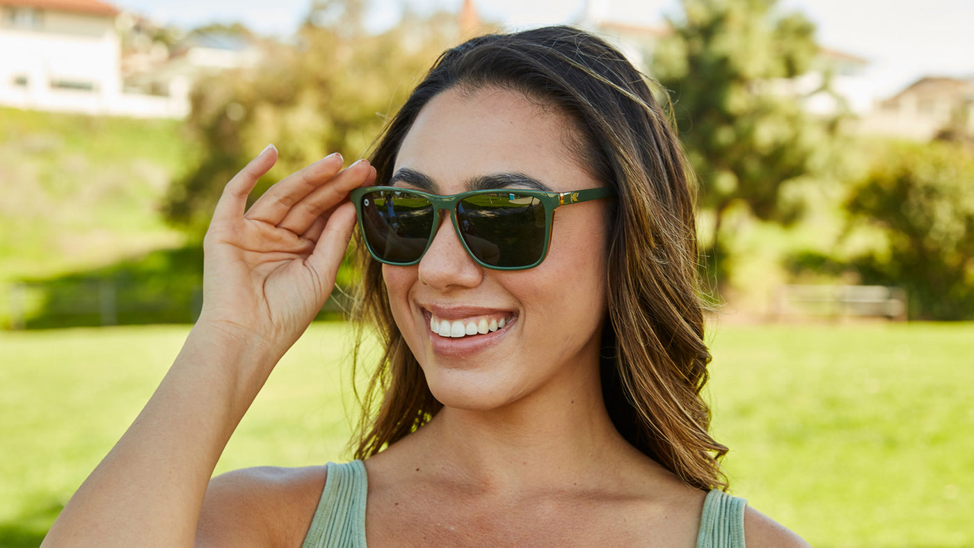 Sunglasses with Army Green Frames and Polarized Aviator Green Lenses, Female Model