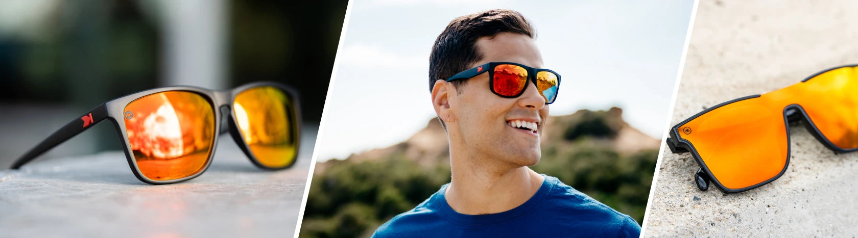 Dark Red Sunglasses. Lifestyle photo of Matte Black / Red Sunset Fast Lanes and Venezia Afters Sunglasses, Men wearing Matte Black / Red Sunset Torrey Pines Sunglasses