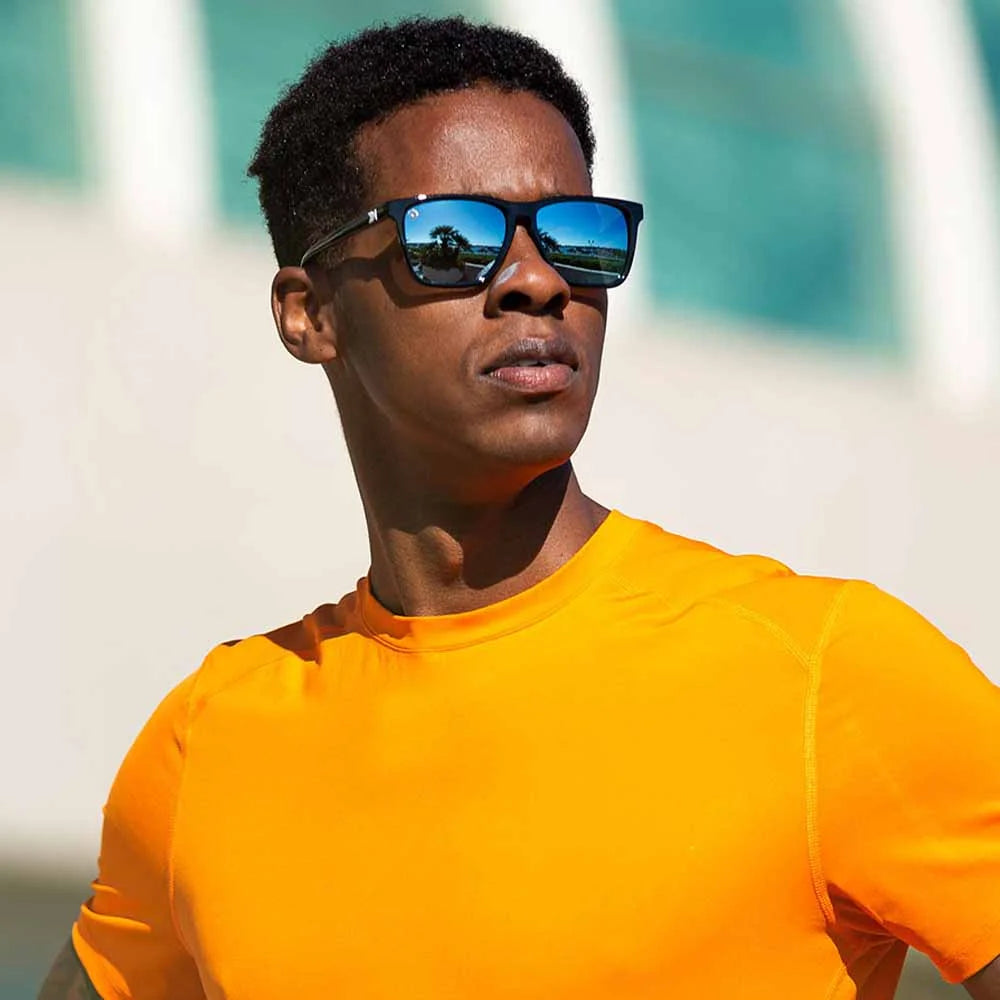 Men wearing Jelly Black / Sky Blue Fast Lanes Sport Sunglasses