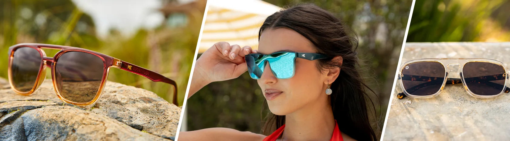 Flat Top Sunglasses. Lifestyle photo of My oh My Brightsides and On the Rocks Pacific Palisades Sunglasses, Women wearing Seoul Afters Sunglasses