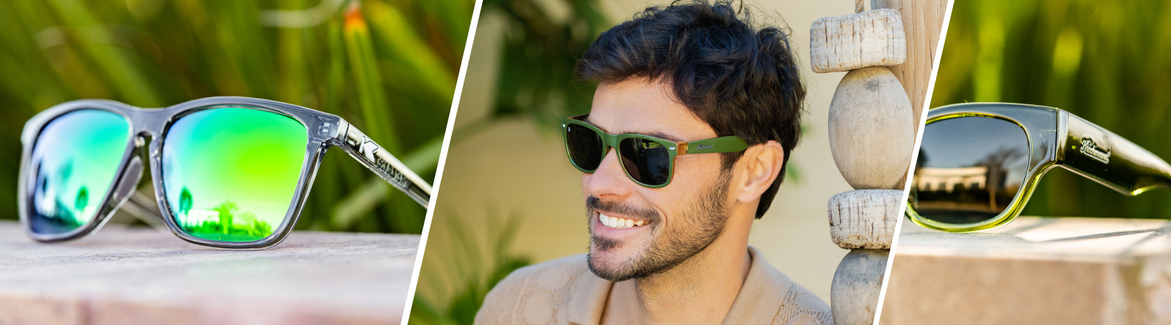Lifestyle photo of Clear Grey / Green Moonshine Fast Lanes Sport and Nori Junipers Sunglasses, Men wearing Coyote Calls Fort Knocks Sunglasses