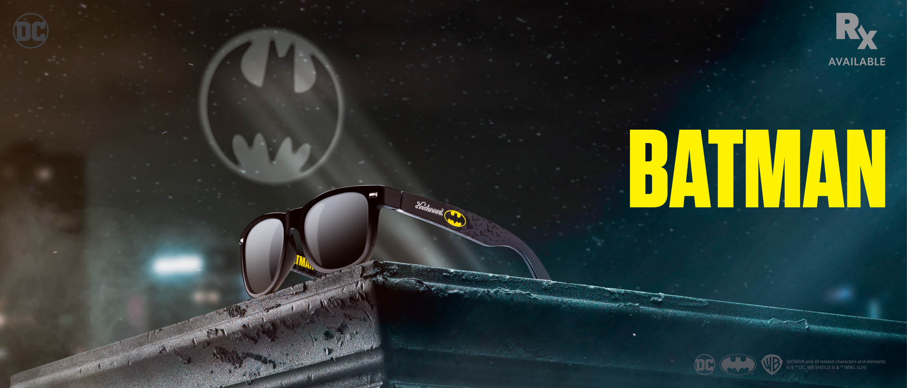Knockaround x Batman. BATMAN and all related characters and elements ©&™ DC. WB SHIELD: ©&™ WBEi. (s24). Rx Available.