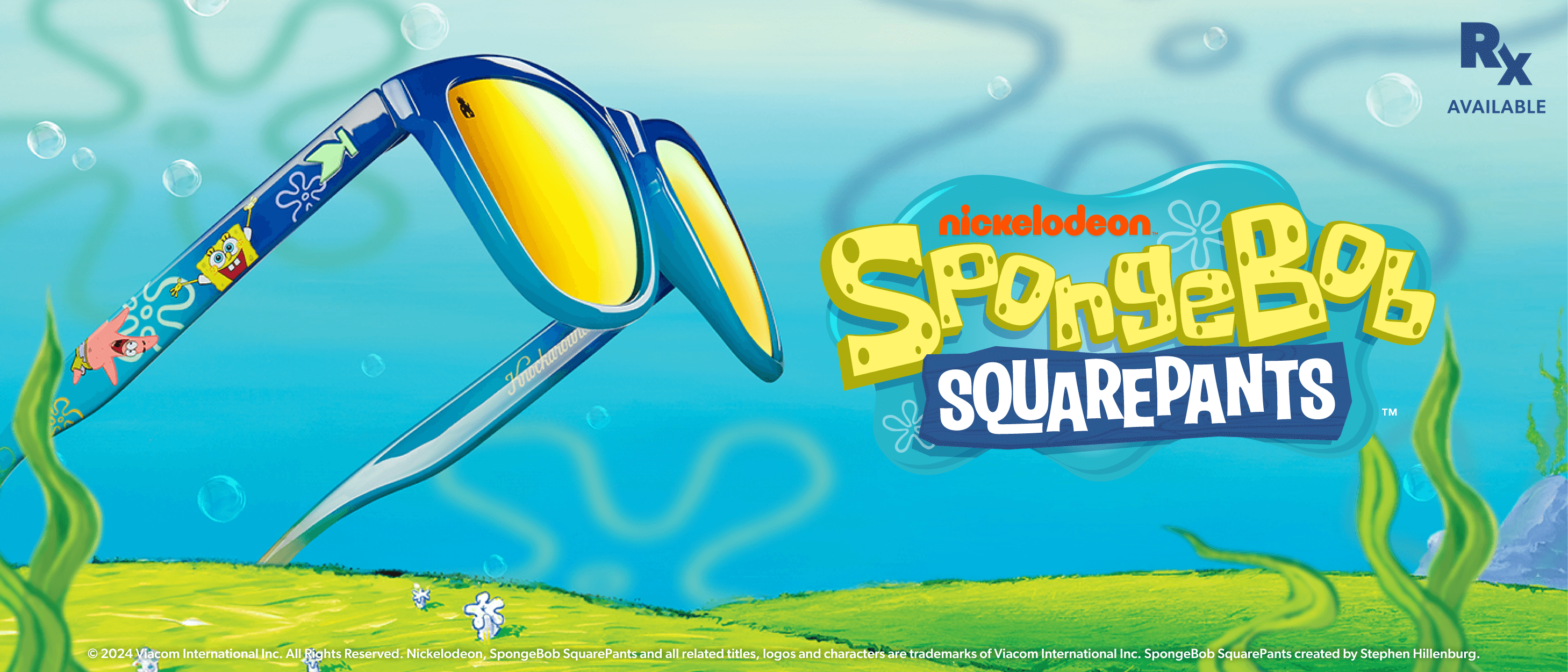 Knockaround x SpongeBob Squarepants. © 2024 Viacom International Inc. All Rights Reserved. Nickelodeon, SpongeBob SquarePants and all related titles, logos and characters are trademarks of Viacom International Inc. SpongeBob Squarepants created by Stephen Hillenburg. Rx Available.