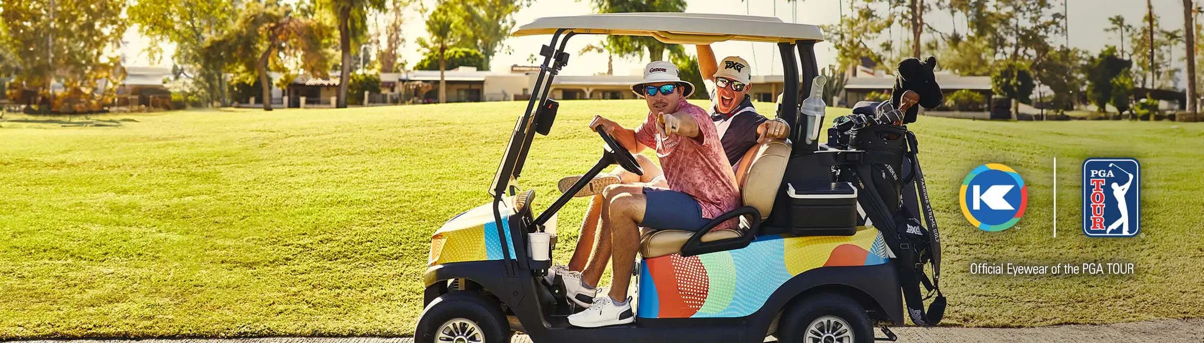 PGA TOUR player Joel Dahmen and caddie Geno Bonnalie in a golf cart. Knockaround: Official Eyewear of the PGA TOUR