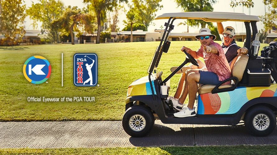 PGA TOUR player Joel Dahmen and caddie Geno Bonnalie in a golf cart. Knockaround: Official Eyewear of the PGA TOUR