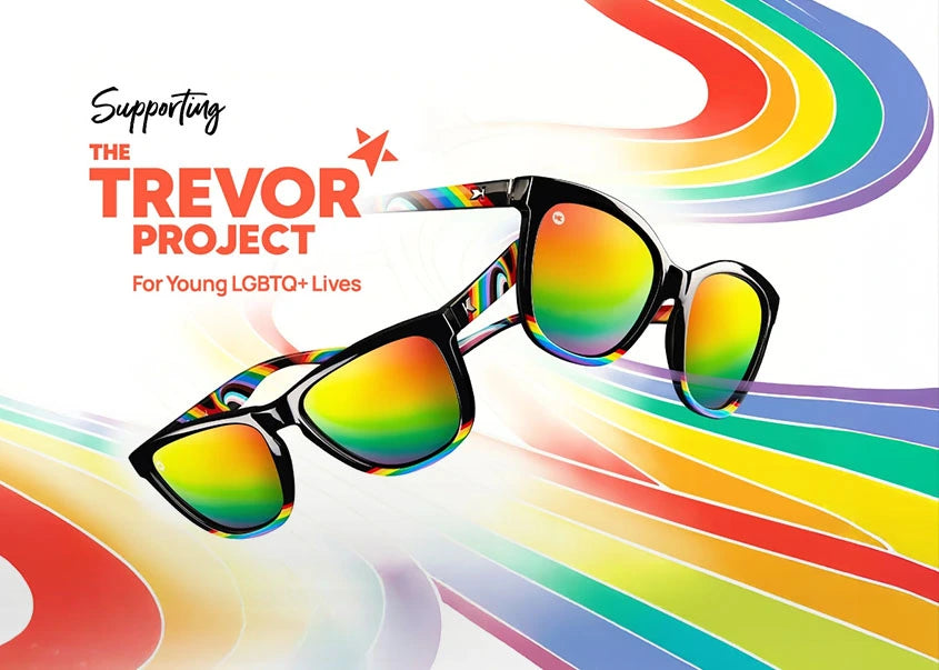 Rainbow sunglasses with 'The Trevor Project' branding on a colorful background