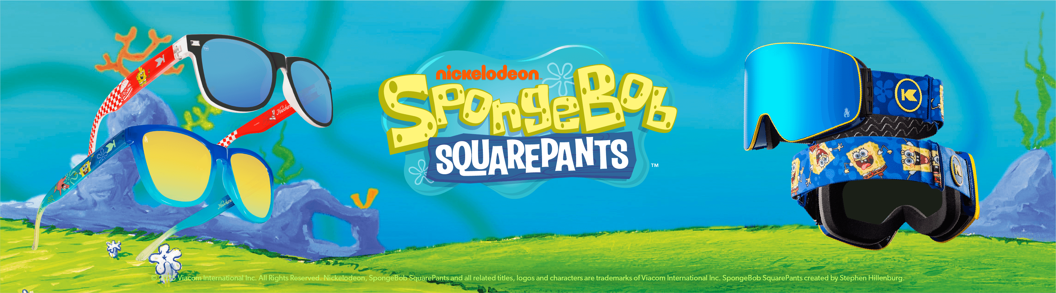 Krusty Krab Fort Knocks, SpongeBob SquarePants Premiums sunglasses, SpongeBob SquarePants Slingshots snow goggles. SpongeBob SquarePants logo. Available in Rx. Copywrite 2025 Viacom International Inc. All Rights Reserved. Nickalodean, SpongeBob SquarePants and all related titles, logos, and characters are trademarks of Viacom International Inc. SpongeBob SquarePants created by Stephen Hillenburg.