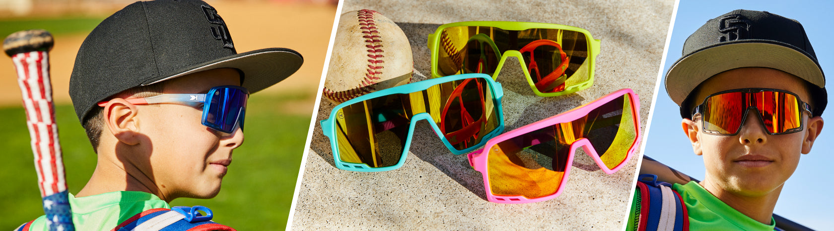 Kids Baseball Sunglasses. Group Lifestyle photo of House Party, Spring Break, and High Voltage Kids Campeones Sunglasses