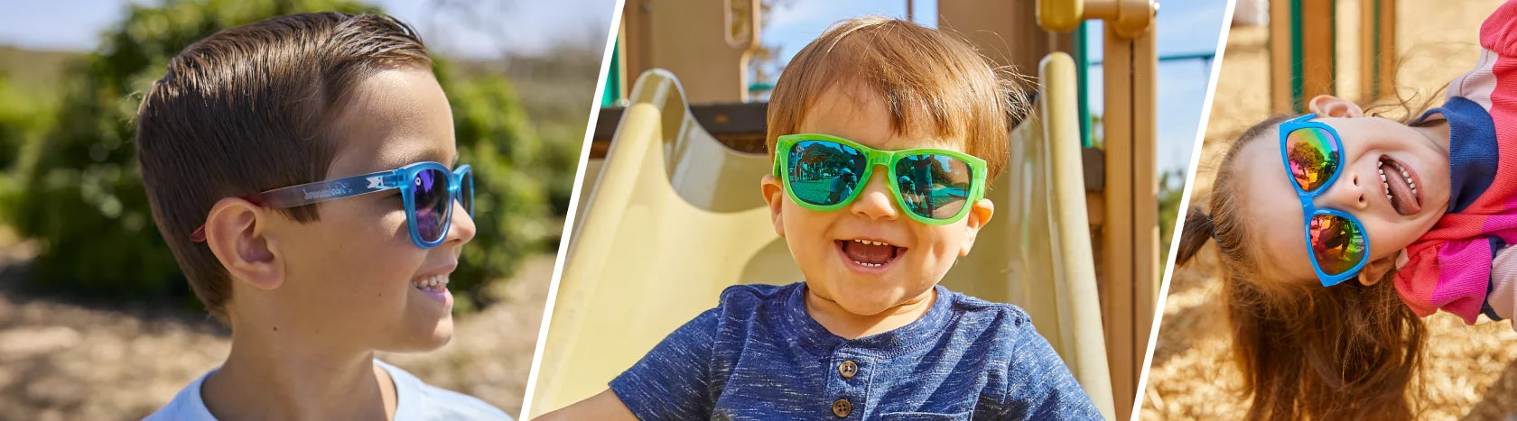 Kids sunglasses. Boy wearing Rocket Pop and Slime Time, and the Girl wearing Rainbow Blues Kids Premiums Sunglasses
