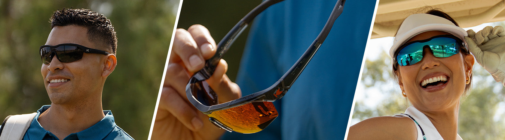 Kinetics Sunglasses: Men Wearing Kinetics Black on Black Sunglasses, Lifestyle Photo of Kinetics Lava, and Women wearing Kinetics Moonshot Sunglasses