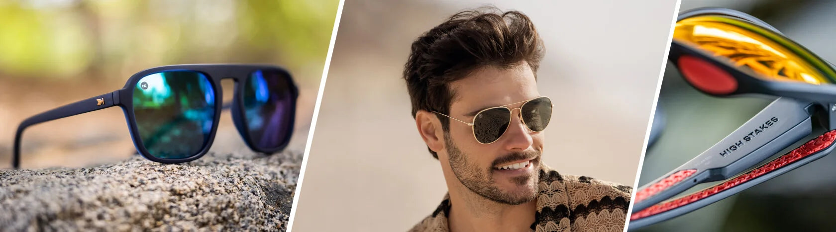 Large Sunglasses. Lifestyle photo of Rubberized Navy Rider Pacific Palisades and Inferno High Stakes Sunglasses, Men wearing Gold / Aviator Green Mile Highs Sunglasses