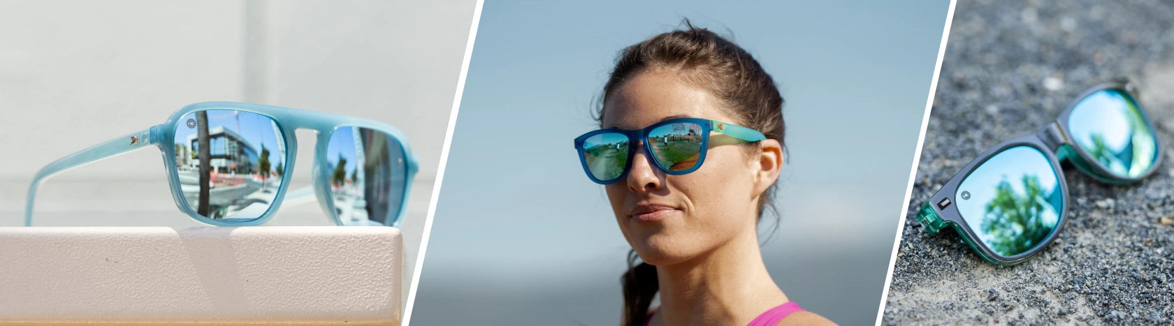 light blue sunglasses. Lifestyle photo of Soul Surfer Pacific Palisades and Sirocco Fort Knocks Sunglasses, Women wearing Hill Charge Premiums Sport Sunglasses