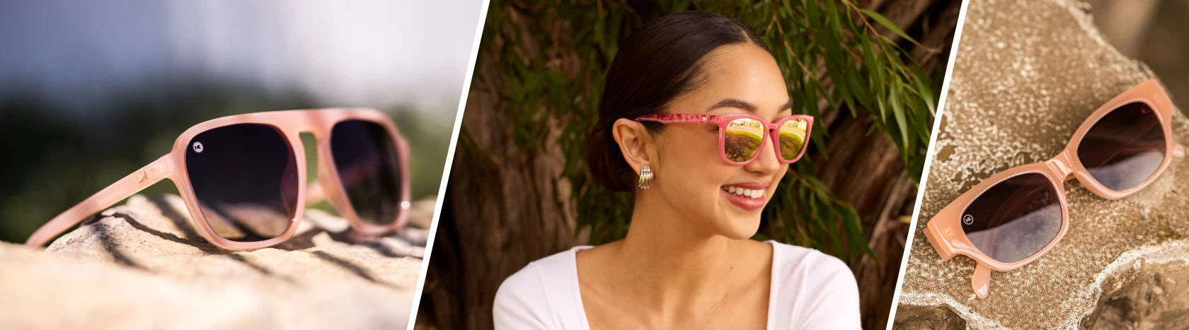 Light Pink Sunglasses. lifestyle photo of Vintage Rose Pacific Palisades and Vintage Rose Junipers Sunglasses, Women wearing Strawberry Cake Pop Paso Robles Sunglasses