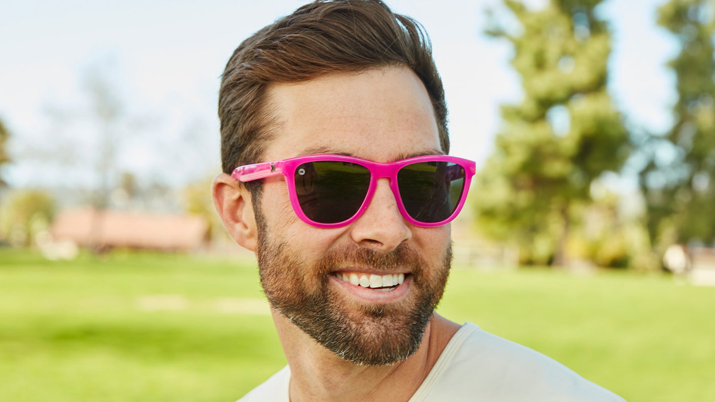 Sunglasses with Malibu Pink Frames and Polarized Smoke Lenses, Male Model