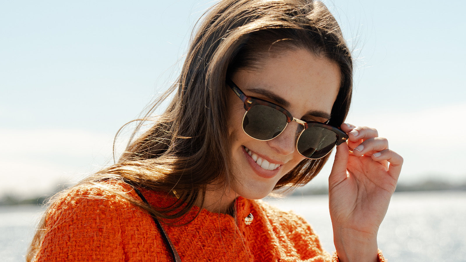 Woman wearing Matte Tortoise Shell & Gold Brooklines Prescription Glasses
