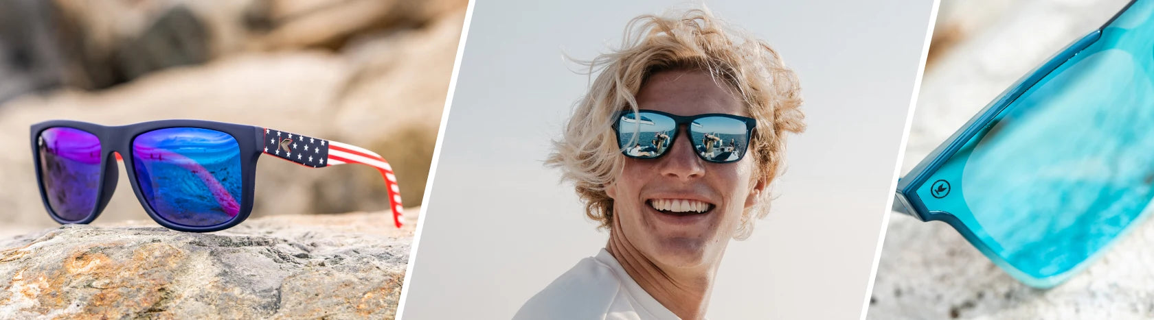 Men's Blue Sunglasses. Lifestyle photo of Star Spangled Torrey Pines and Seoul Afters Sunglasses, Men wearing Harbor Light Fast Lanes Sunglasses