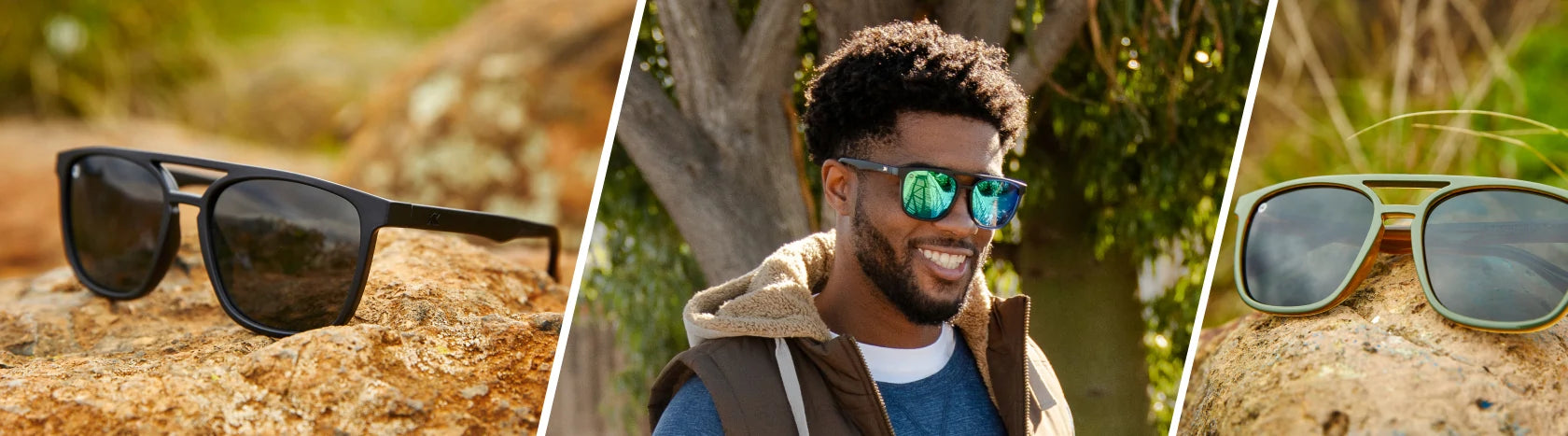 Mens Brightsides Sunglasses. Lifestyle photo of Black on Black Brightsides and Coyote Calls Brightsides Sunglasses, Men wearing Rubberized Navy Rider Brightsides Sunglasses