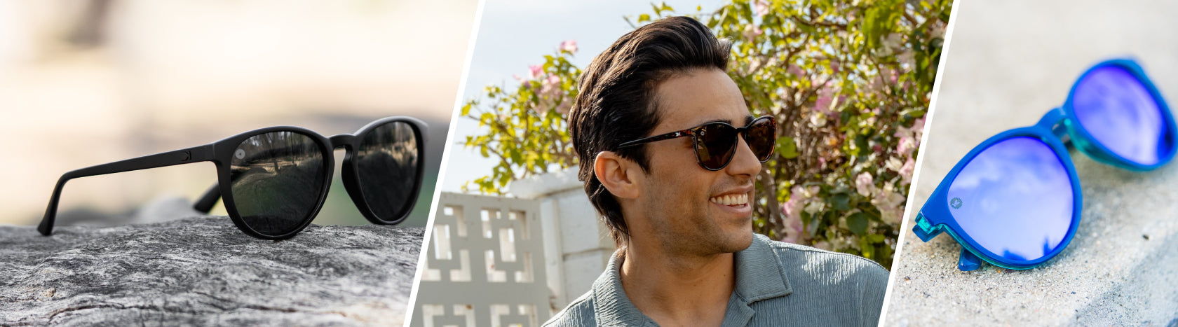 Mens Mai Tais. Lifestyle photo of Black on Black Mai Tais and Blueberry Geode Mai Tais Sunglasses, Men wearing Glossy Tortoise Shell / Amber Mai Tais Sunglasses