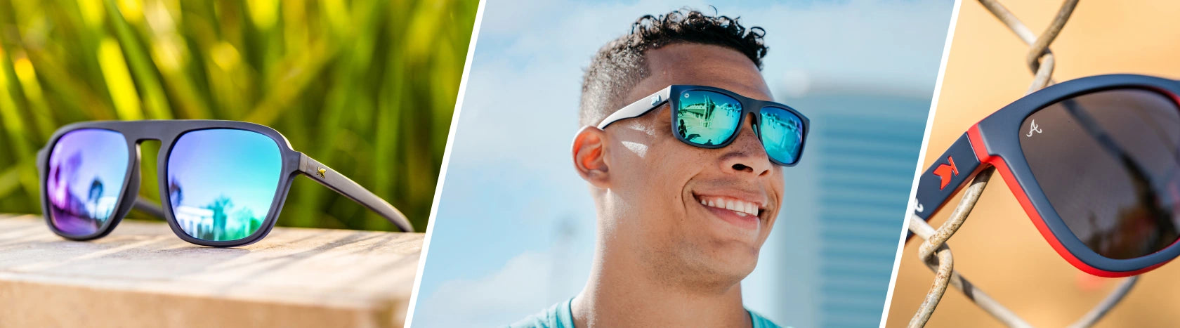 Navy Blue Sunglasses. Lifestyle photo of Rubberized Navy Rider Pacific Palisades, Men wearing Rubberized Navy / Mint Torrey Pines Sport Sunglasses