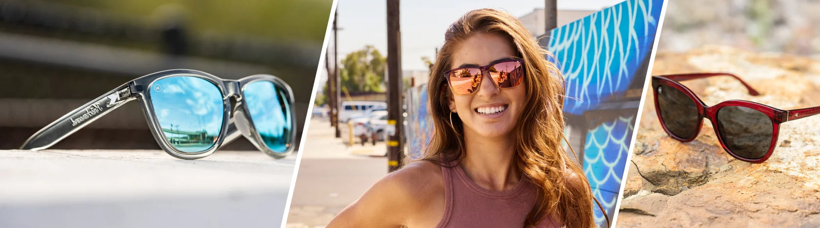 Womens New Arrivals. Lifestyle photo of Clear Grey / Aqua Premiums Sport and Black Cherry Deja Views Sunglasses, Women wearing Hot Take Fast Lanes Sunglasses