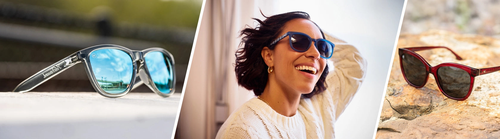 New Arrival Sunglasses for Women. Lifestyle photo off Clear Grey / Aqua Premiums Sport and Black Cherry Deja Views Sunglasses, Women wearing Fair Isle Paso Robles Sunglasses