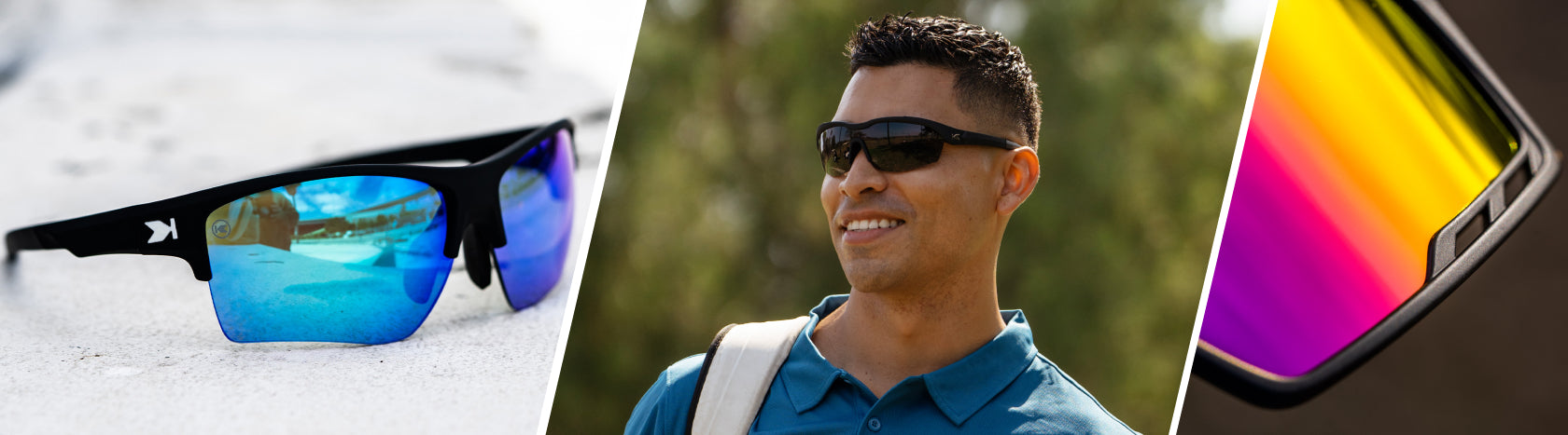 Non Polarized Driving Sunglasses. Lifestyle photo of Moonshot Flight Paths and Rainbow on Black Campeones Sunglasses, Men wearing Black on Black Kinetics Sunglasses