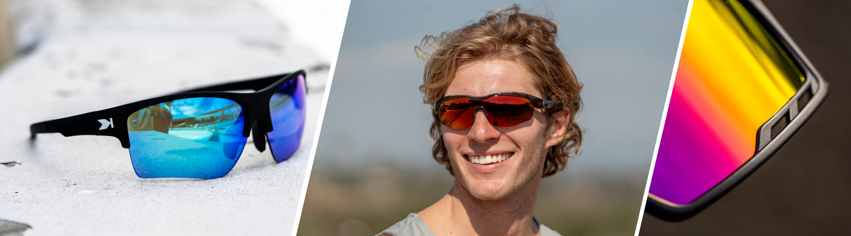 Non Polarized Driving Sunglasses. Lifestyle photo of Moonshot Flight Paths and Rainbow on Black Campeones Sunglasses, Men wearing Lava Kinetics Sunglasses