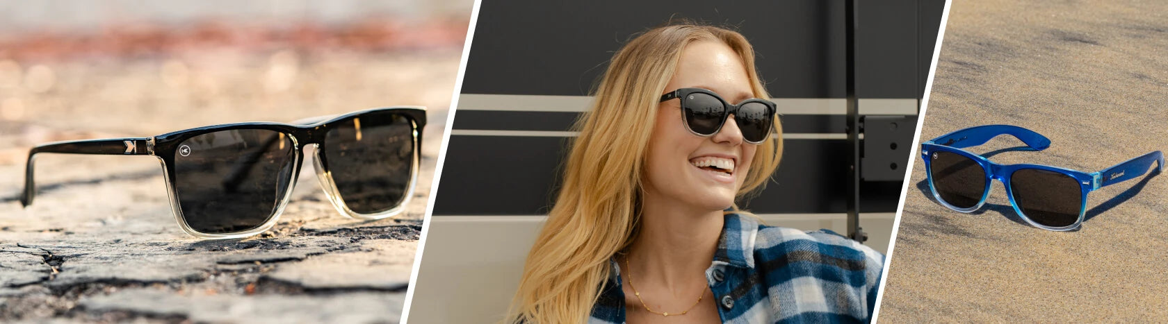 Obsidian Sunglasses. Lifestyle photo of Obsidian Fast Lanes and Blue Obsidian Fort Knocks Sunglasses, Women wearing Obsidian Deja Views Sunglasses