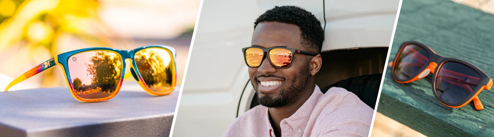 Orange And Black Sunglasses. Lifestyle photo of Desert Fast Lanes Sport Sunglasses, Men wearing Matte Black / Red Sunset Fast Lanes Sunglasses