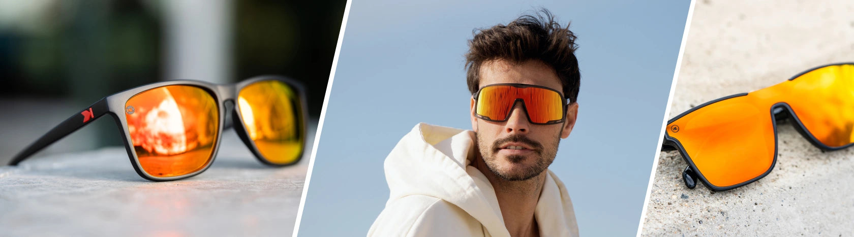 Oversized Red Sunglasses. Lifestyle photo of Matte Black / Red Sunset Fast Lanes and Venezia Afters Sunglasses, Men wearing Magma Campeones Sunglasses