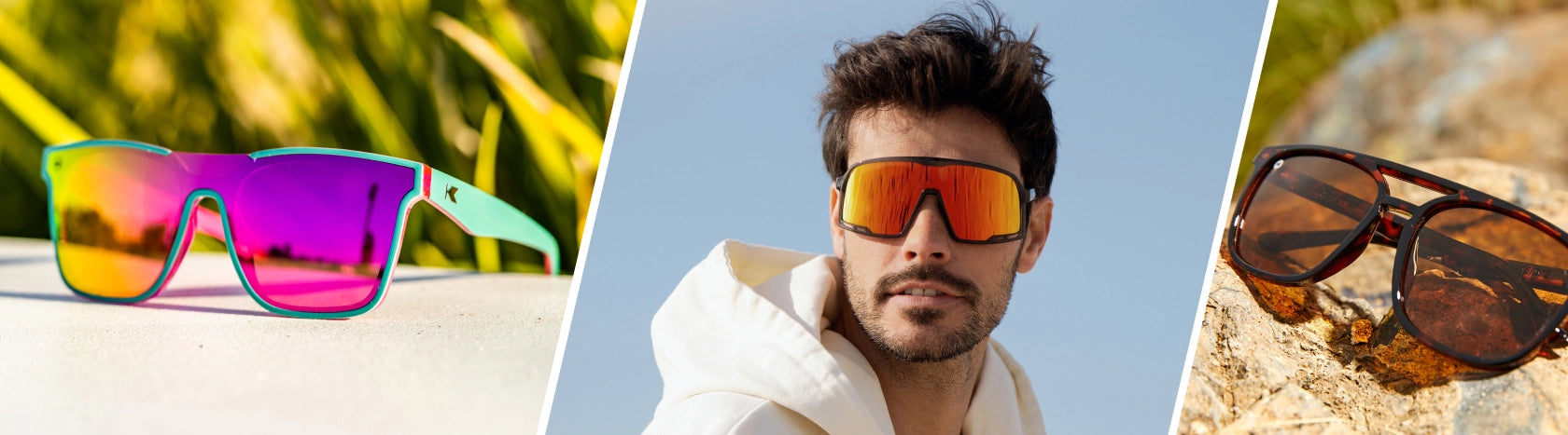 Oversized Square Sunglasses. Lifestyle photo of Miami Afters and Glossy Tortoise Shell / Amber Brightsides Sunglasses, Men wearing Magma Campeones Sunglasses