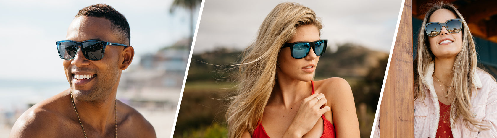 Two women and a man wearing Knockaround sunglasses