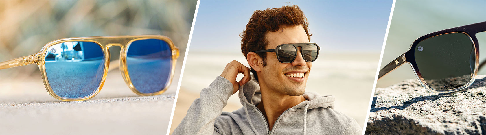 Man wearing Black on Black Pacific Palisades Sunglasses, and Lifestyle Photo of Pacific Palisades Beach Peach Sunglasses