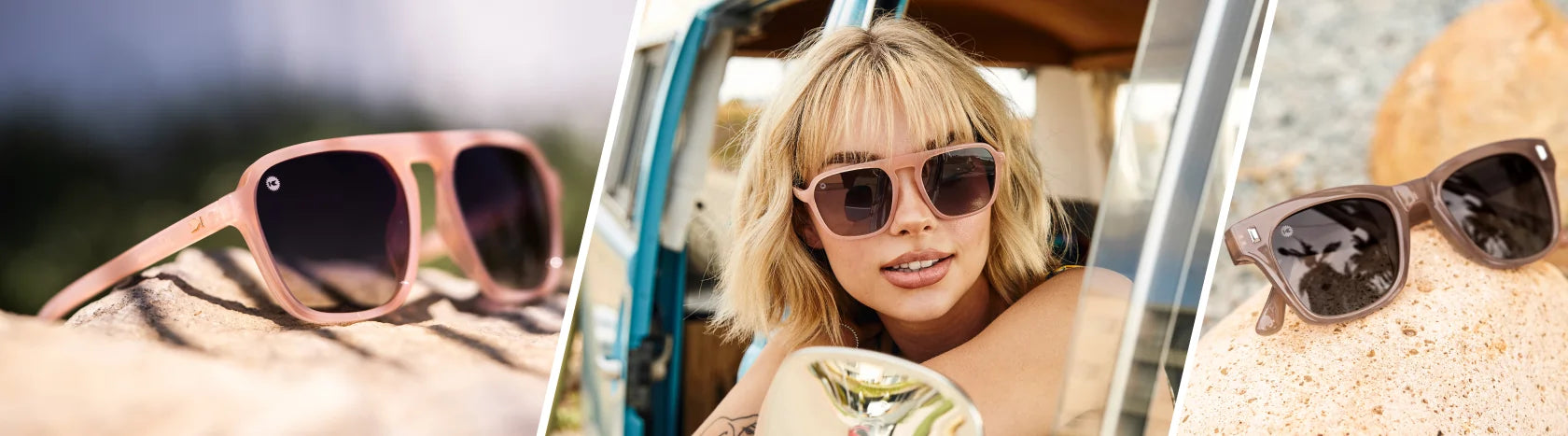 Pink And Black Sunglasses, Lifestyle photo of Vintage Rose Pacific Palisades and Rose Latte Seventy Nines Sunglasses, Women wearing Vintage Rose Pacific Palisades Sunglasses