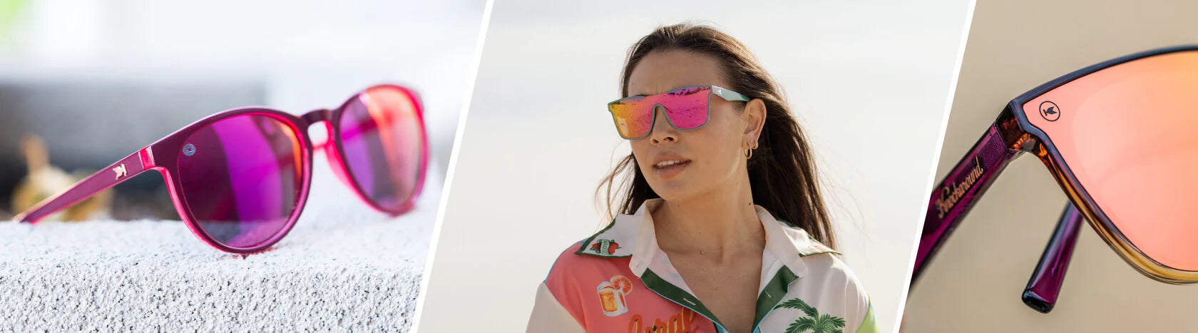 Pink Mirror Sunglasses. Lifestyle photo of Watermelon Geode Mai Tais and Hot take Cloud Catchers Sunglasses, Women wearing Miami Afters Sunglasses